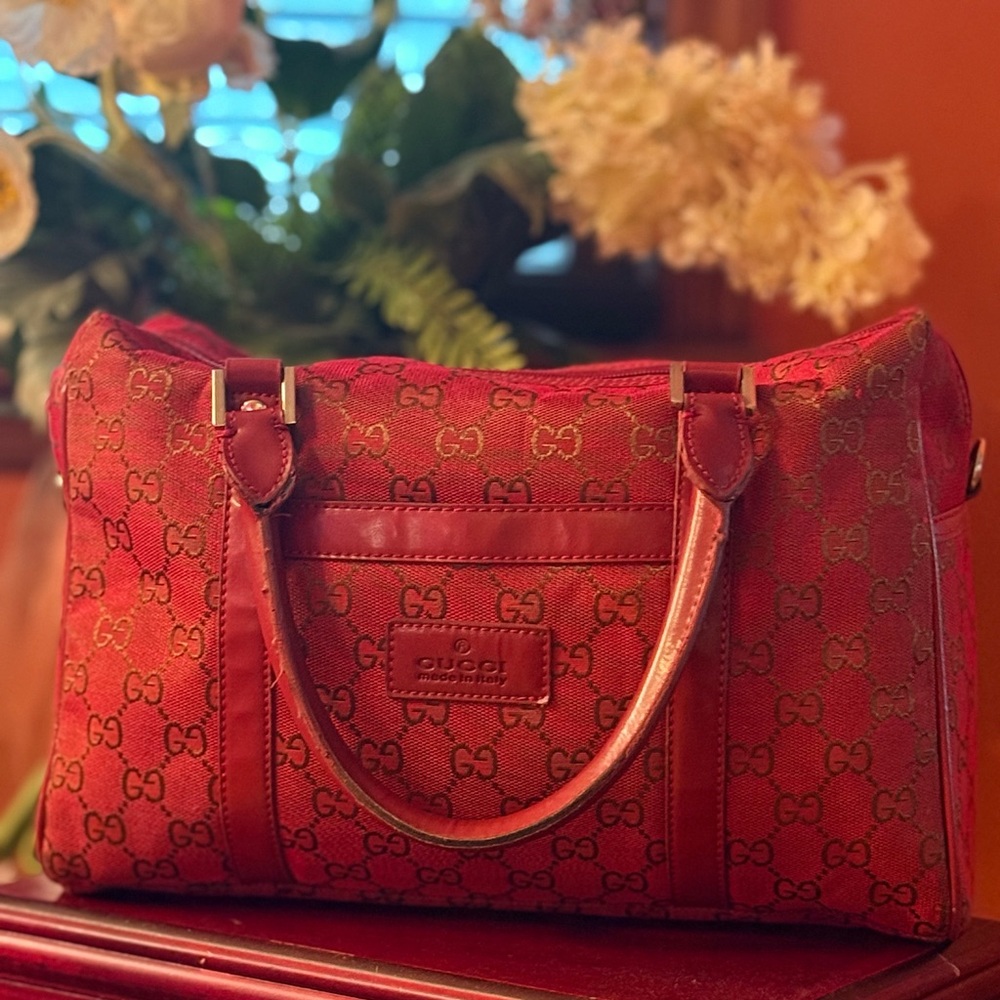 Gucci Vintage Red GG Canvas Boston Bag TWS